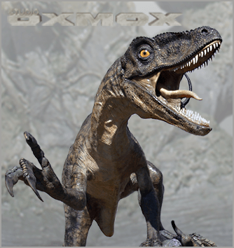 Deinonychus dinosaur, open mouth version dinosaur, life size display, sculpted by Studio Oxmox